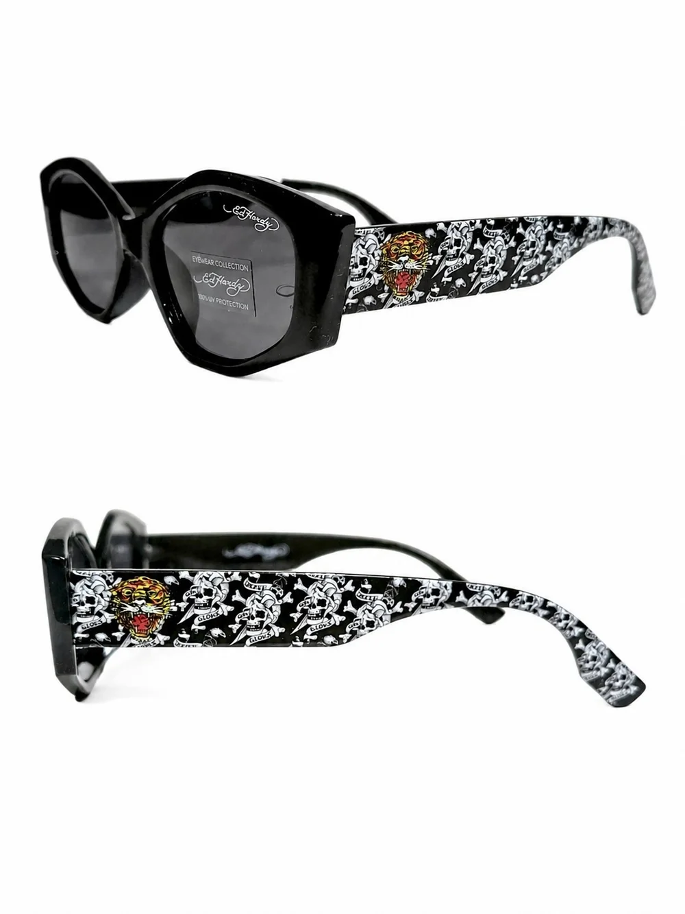ED HARDY Y2K ROARING TIGER DARK SMOKE CAT EYE SUNGLASSES 100% UV PROTECTION